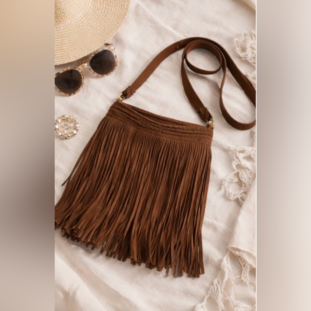 American Eagle Brown Suede Fringe Crossbody Bag Boho Festival Western